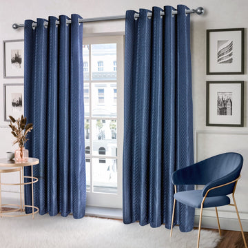 Jacquard Seersucker Fully Lined Eyelet Ring Top Curtains 66" x 90" - Navy Blue