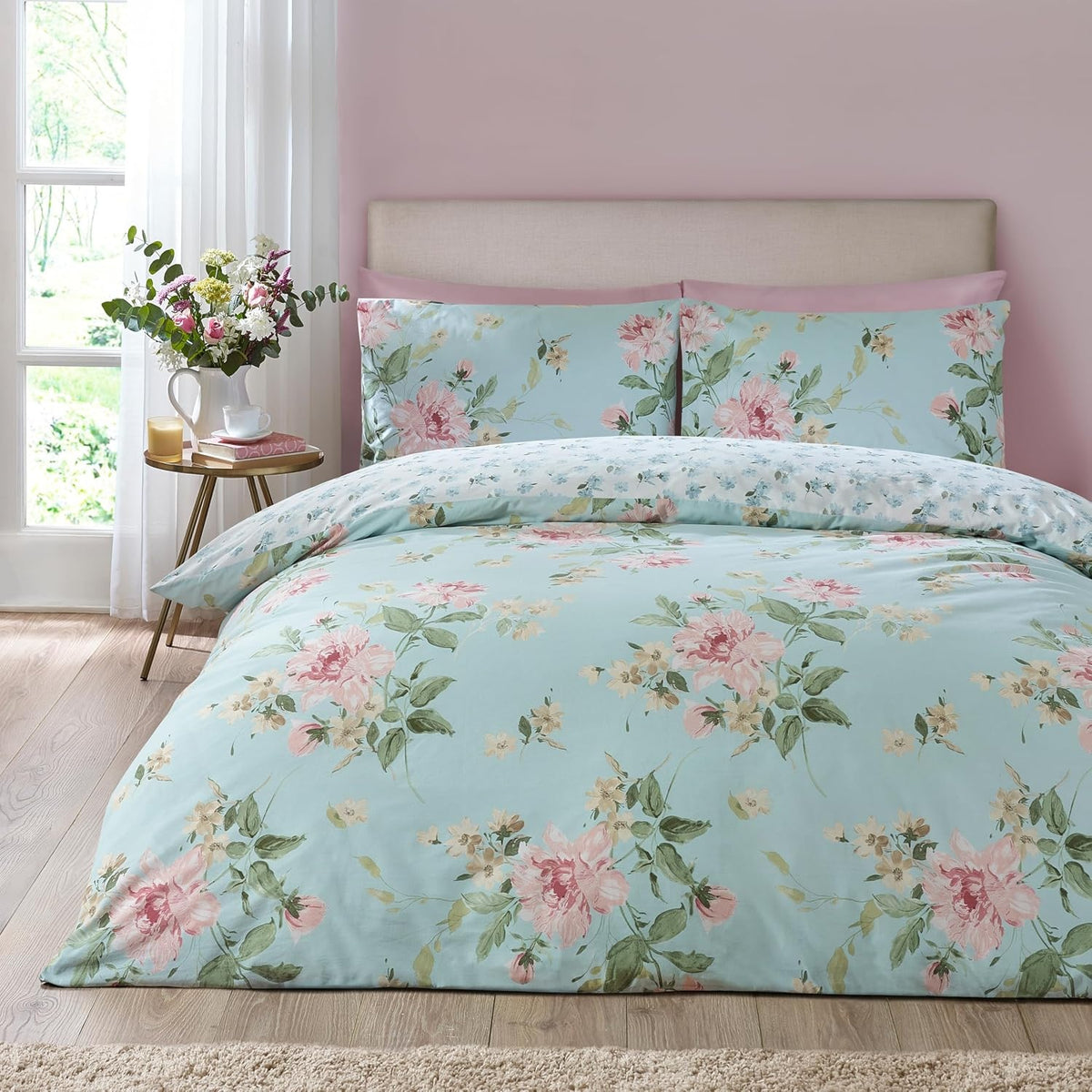 Catherine Lansfield Shabby Chic Duvet Cover Set, King, Avebury Pink Duckegg