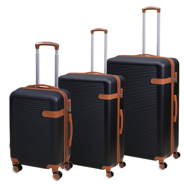 4Pcs Travel Suitcase Black Leather Stripe Expandable Luggage Trolley