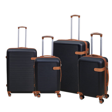 4Pcs Travel Suitcase Black Leather Stripe Expandable Luggage Trolley