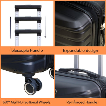 3PCS Travel Suitcase Denver Black Expandable ABS Luggage
