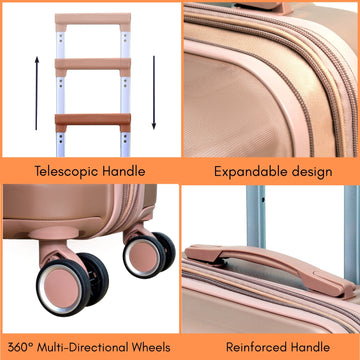 3PCS Travel Suitcase Denver Rose Gold Expandable ABS Luggage