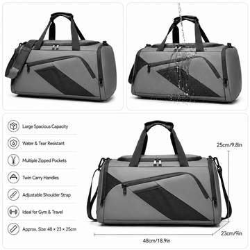Large Grey Water Resistant Travel Gym Sports Hold all Duffle Bag