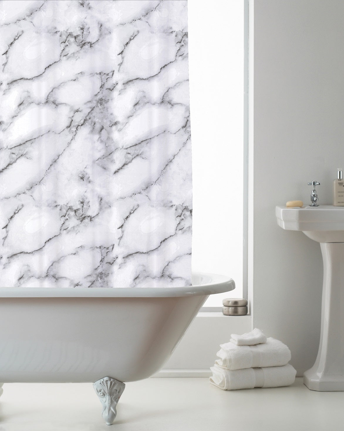 White Grey Marble Shower Curtain with Hooks - New