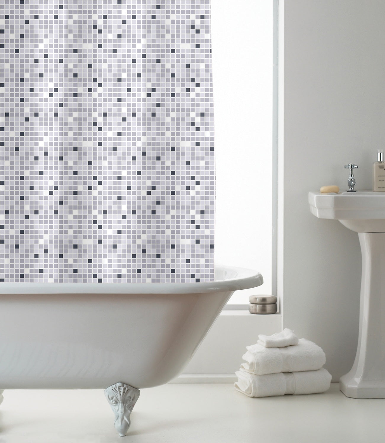 White Grey Mosaic Shower Curtain with Hooks - New