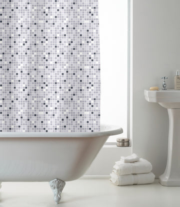 White Grey Mosaic Shower Curtain with Hooks - New