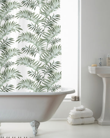 Tropical Leaf Waterproof Shower Curtain with Hooks - Green