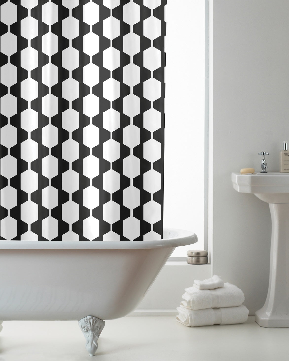 Retro Mono Waterproof Shower Curtain with Hooks - Black & White