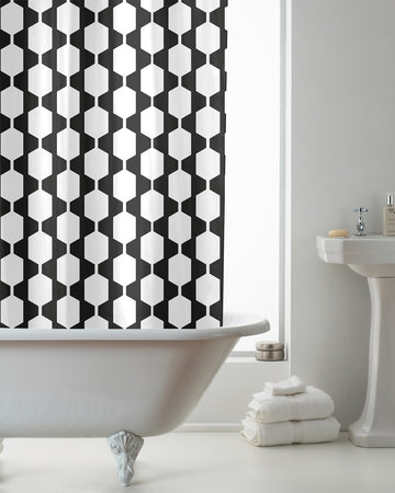 Retro Mono Waterproof Shower Curtain with Hooks - Black & White