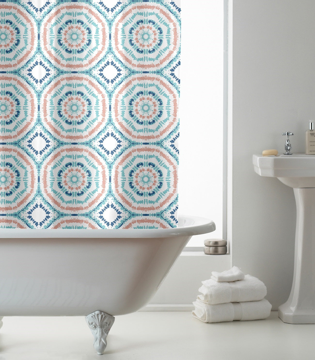 Multi Coloured Geometric Shower Curtain with Hooks