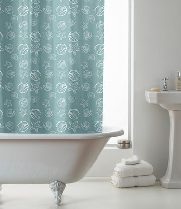 seashells Shower Curtain with Hooks - Aqua