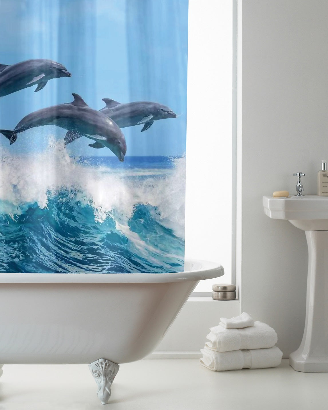 Dolphin Waterproof Shower Curtain with Hooks - Blue