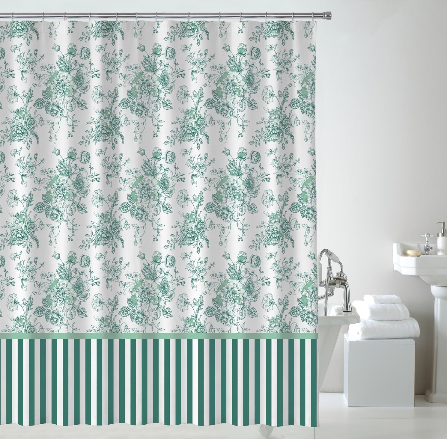 Floral Striped Embossed Waterproof Shower Curtain with Hooks - Green
