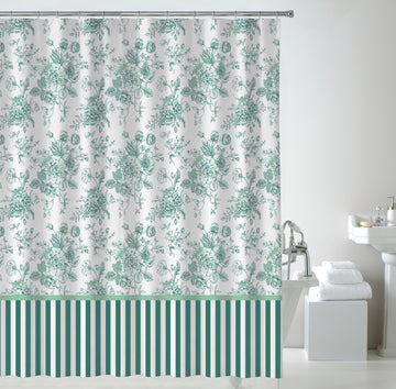 Floral Striped Embossed Waterproof Shower Curtain with Hooks - Green