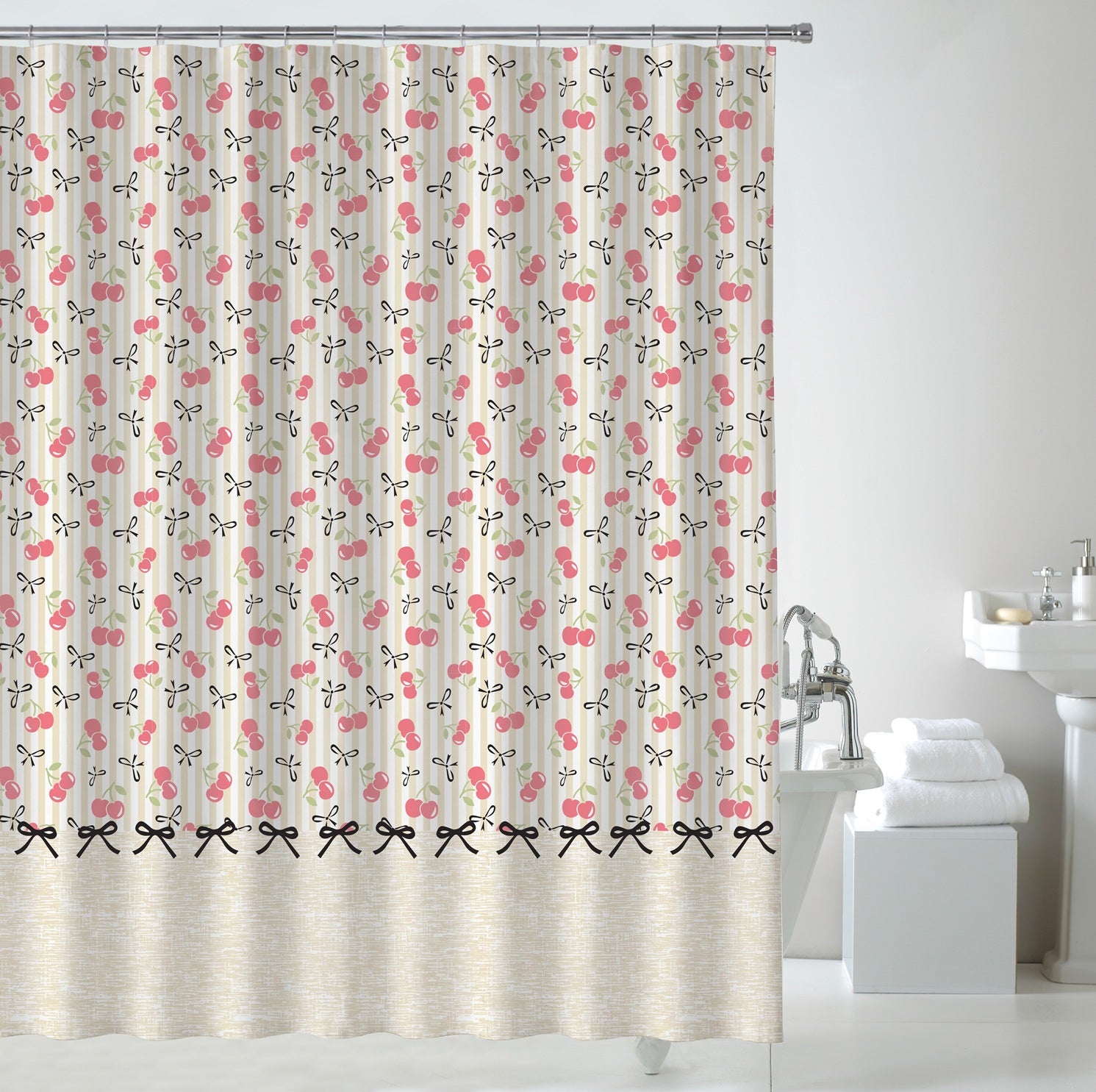 Cherries & Bows Embossed Waterproof Shower Curtain with Hooks - Red & Natural