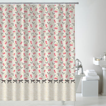 Cherries & Bows Embossed Waterproof Shower Curtain with Hooks - Red & Natural