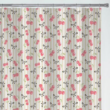 Cherries & Bows Embossed Waterproof Shower Curtain with Hooks - Red & Natural