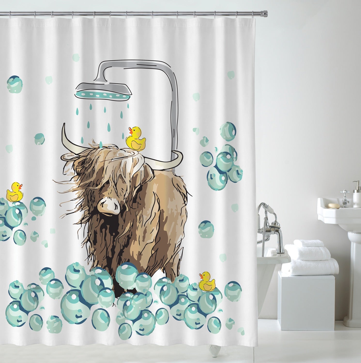 Highland Cow Embossed Waterproof Shower Curtain with Hooks - Natural