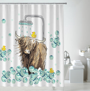 Highland Cow Embossed Waterproof Shower Curtain with Hooks - Natural