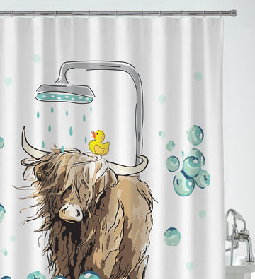 Highland Cow Embossed Waterproof Shower Curtain with Hooks - Natural