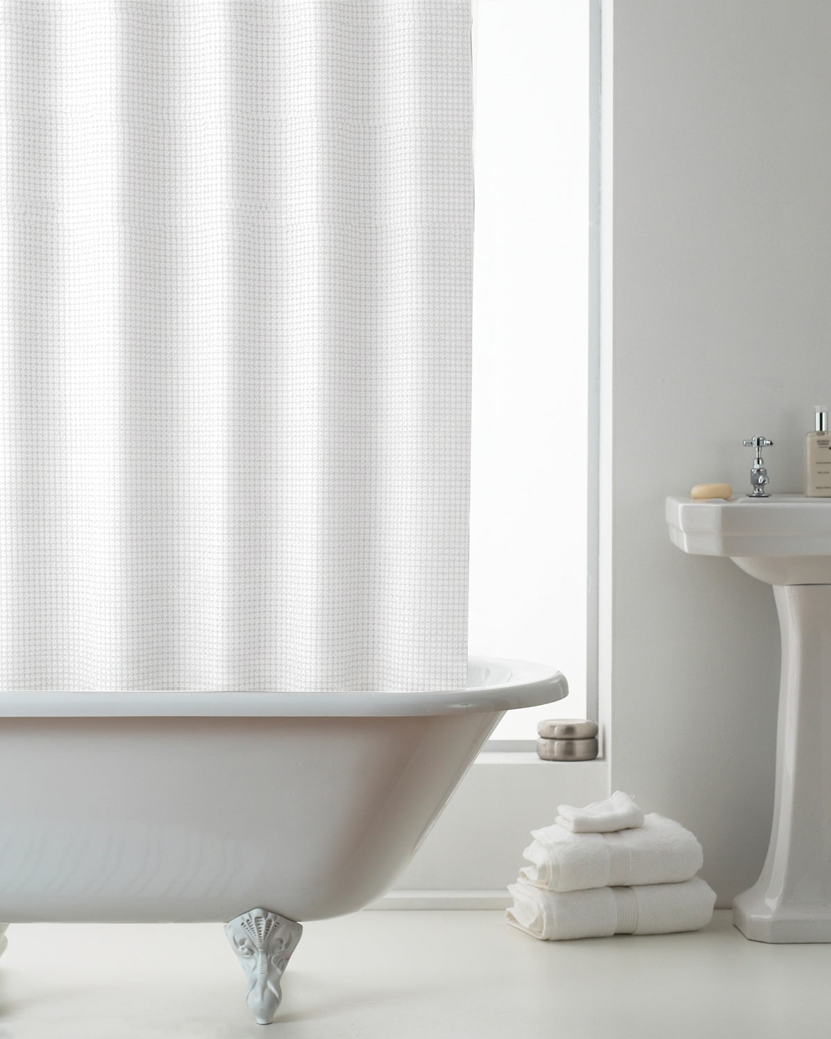 Embossed Textured Shower Curtain with Metal Rings - White