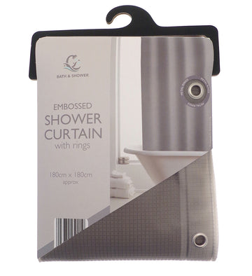 Embossed Textured Shower Curtain with Metal Rings - Grey