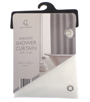 Embossed Textured Shower Curtain with Metal Rings - White
