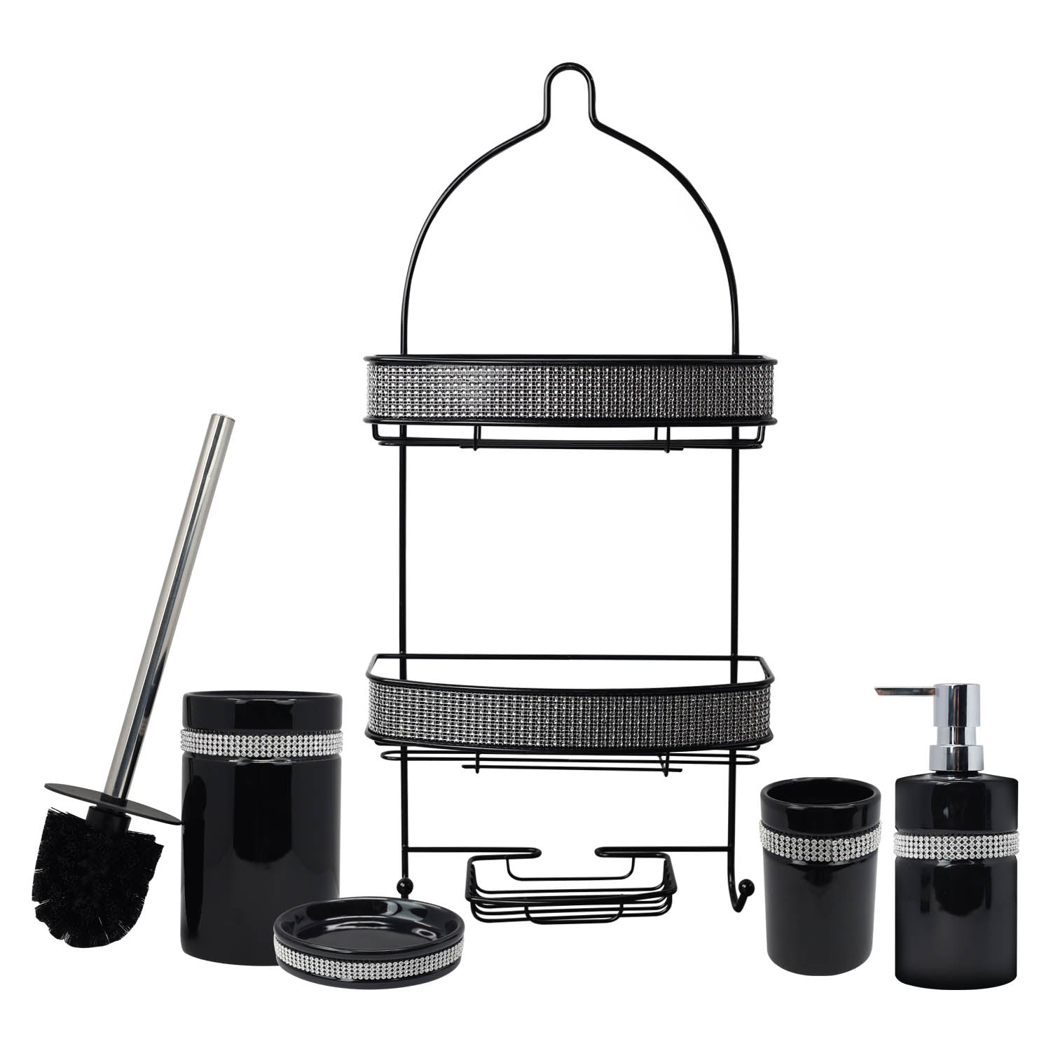 Diamante Soap Dispenser & Dish Toilet Brush with 2 Tier Shower Caddy