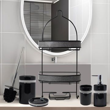 Diamante Soap Dispenser & Dish Toilet Brush with 2 Tier Shower Caddy