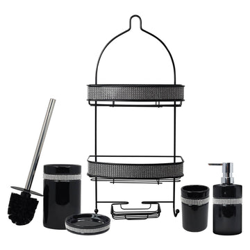 Diamante Soap Dispenser & Dish Toilet Brush with 2 Tier Shower Caddy