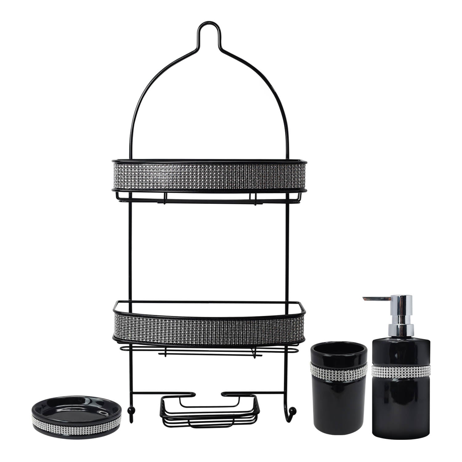 Diamante Stripe Soap Dispenser & Soap Dish with 2 Tier Shower Caddy