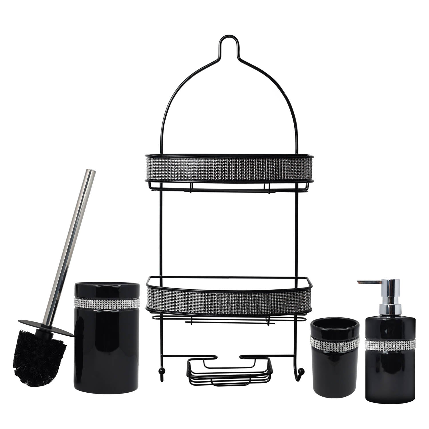 Diamante Stripe Soap Dispenser & Toilet Brush with 2 Tier Shower Caddy