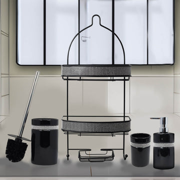 Diamante Stripe Soap Dispenser & Toilet Brush with 2 Tier Shower Caddy