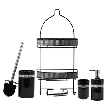 Diamante Stripe Soap Dispenser & Toilet Brush with 2 Tier Shower Caddy