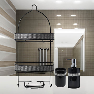 Diamante Stripe Soap & Toothbrush Holder with  2 Tier Shower Caddy