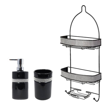 Diamante Stripe Soap & Toothbrush Holder with  2 Tier Shower Caddy