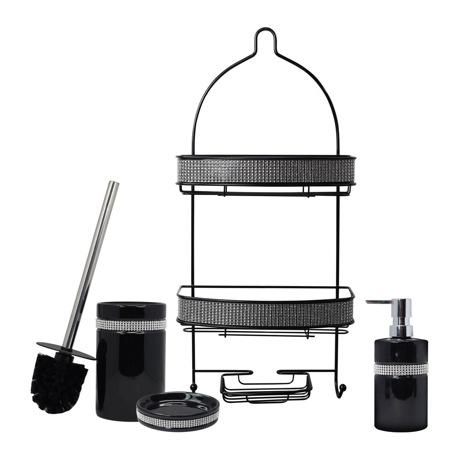 Diamante Stripe Soap Dispenser & Toilet Brush with 2 Tier Shower Caddy