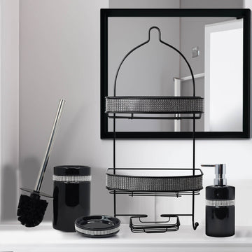 Diamante Stripe Soap Dispenser & Toilet Brush with 2 Tier Shower Caddy