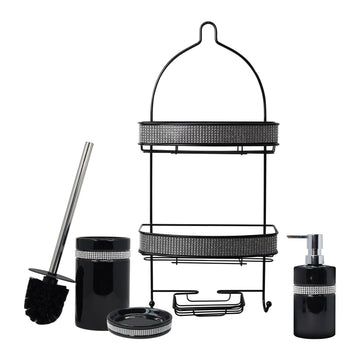 Diamante Stripe Soap Dispenser & Toilet Brush with 2 Tier Shower Caddy