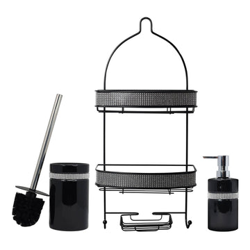 Diamante Stripe Soap Dispenser & Toilet Brush Holder with 2 Tier Shower Caddy