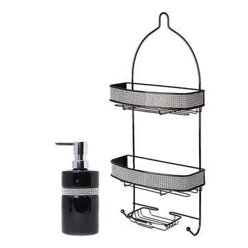 Diamante Stripe Soap Lotion Dispenser & 2 Tier Shower Caddy