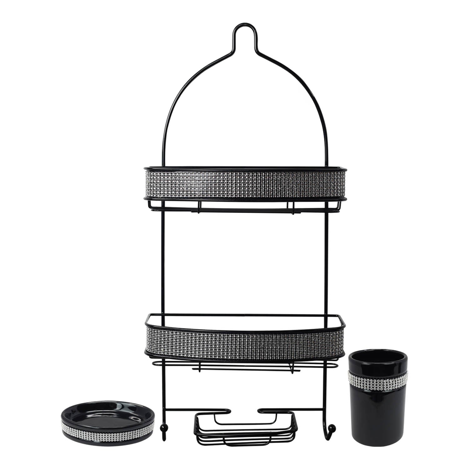 Diamante Stripe Toothbrush Holder & Soap Dish with 2 Tier  Shower Caddy