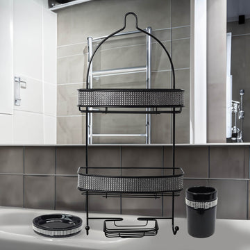 Diamante Stripe Toothbrush Holder & Soap Dish with 2 Tier  Shower Caddy