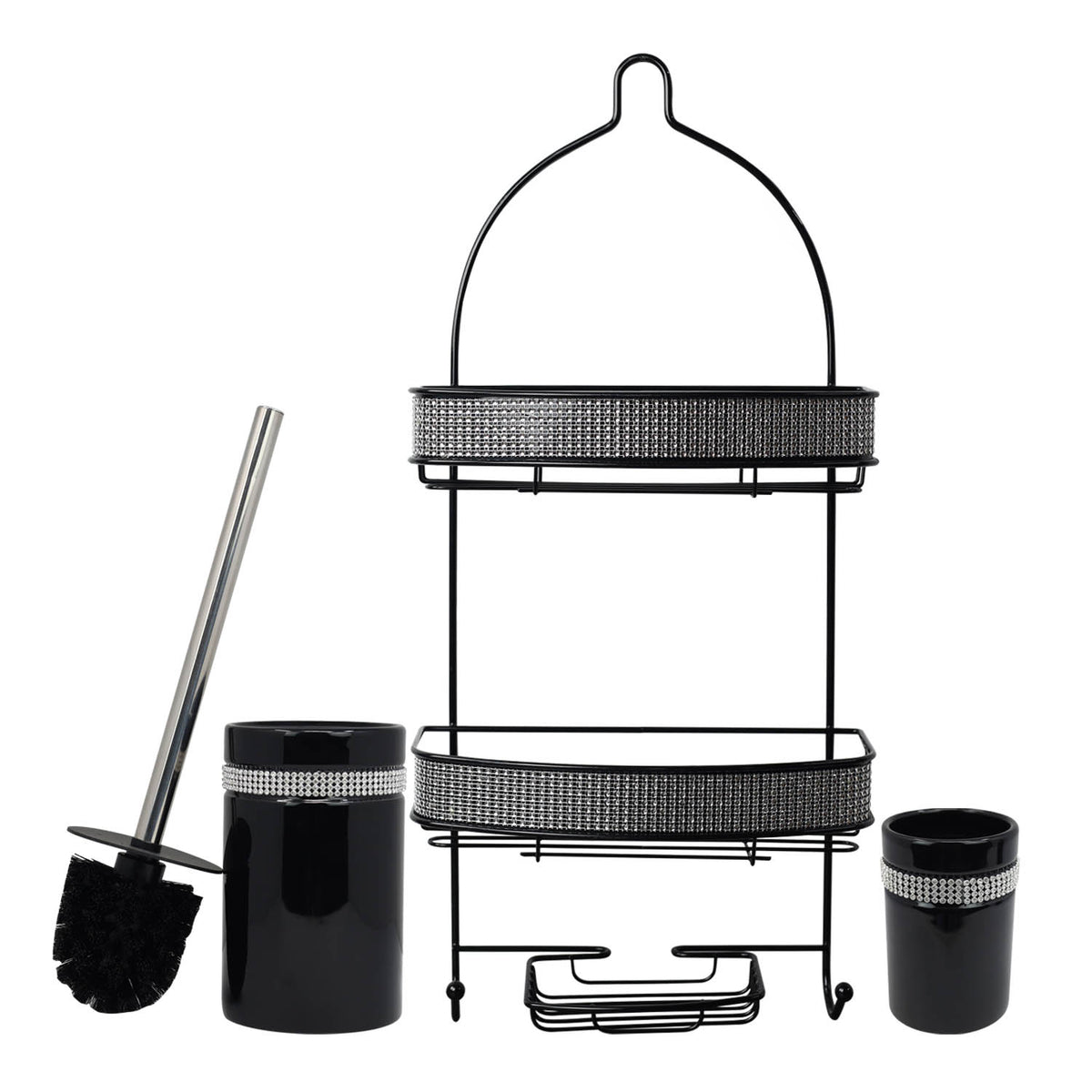 Diamante Stripe Toothbrush Holder & Toilet Brush with 2 Tier Shower Caddy