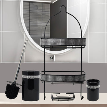 Diamante Stripe Toothbrush Holder & Toilet Brush with 2 Tier Shower Caddy