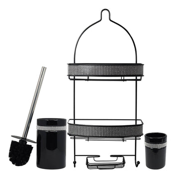 Diamante Stripe Toothbrush Holder & Toilet Brush with 2 Tier Shower Caddy