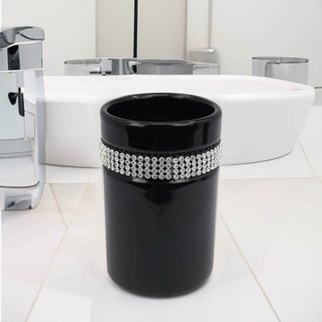 2Pcs Black Diamante Stripe Toothbrush & Toothpaste Holder