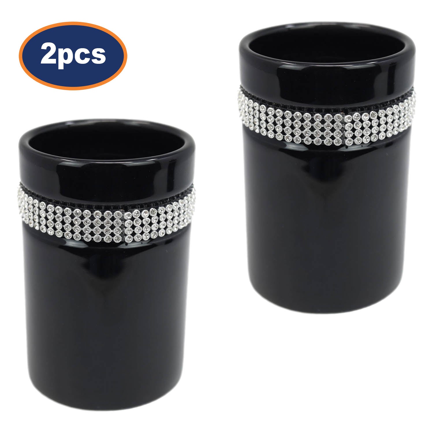 2Pcs Black Diamante Stripe Toothbrush & Toothpaste Holder