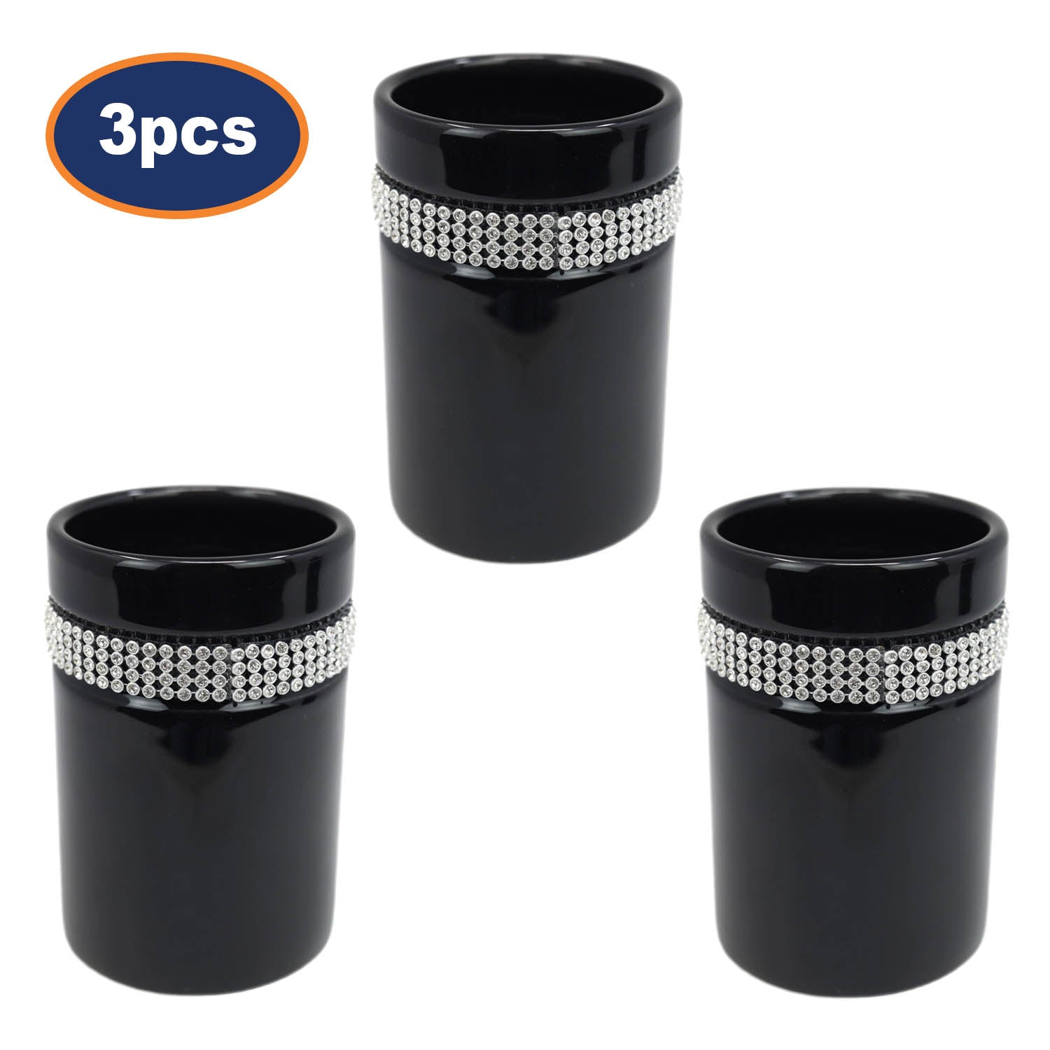 3Pcs Black Diamante Stripe Toothbrush & Toothpaste Holder