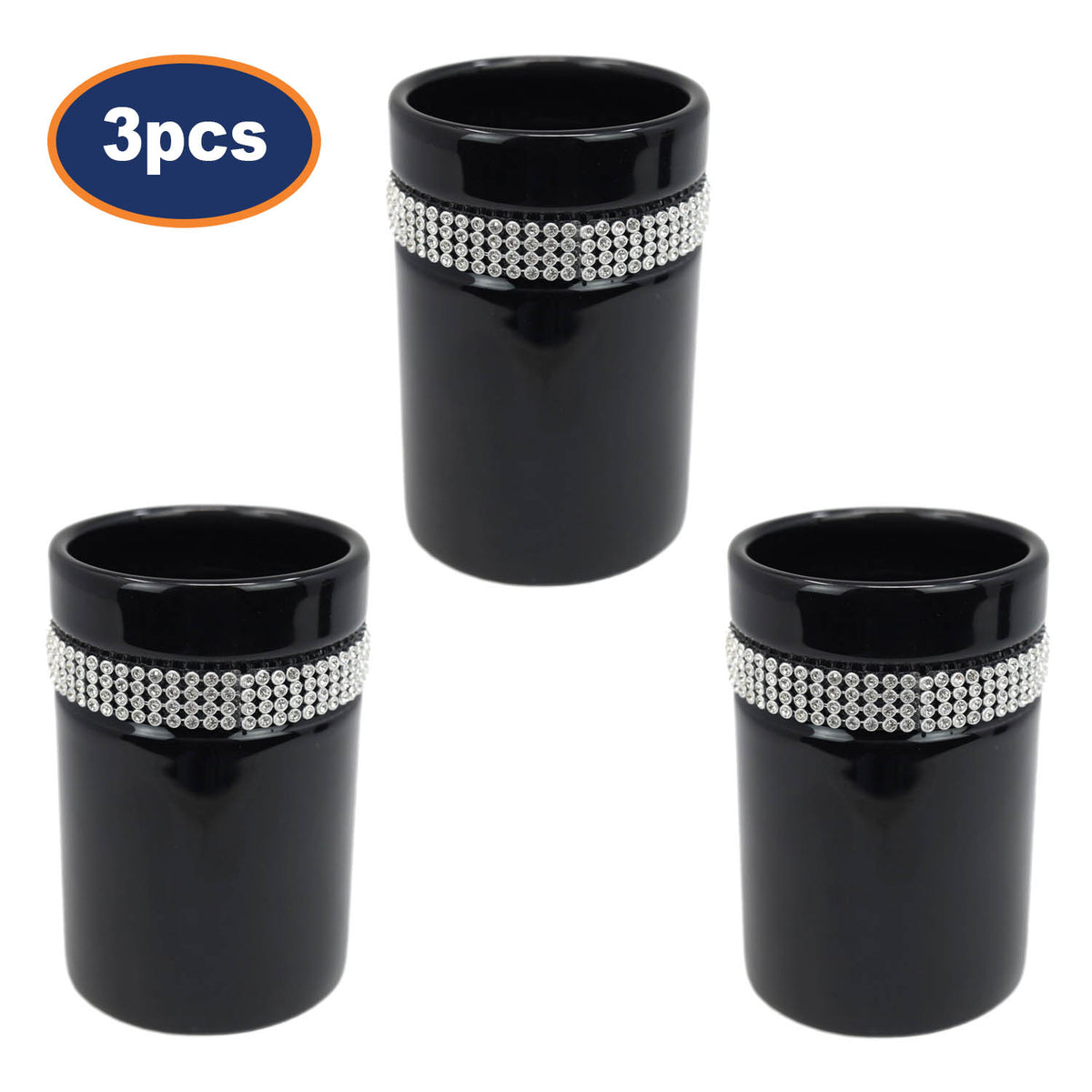3Pcs Black Diamante Stripe Toothbrush & Toothpaste Holder